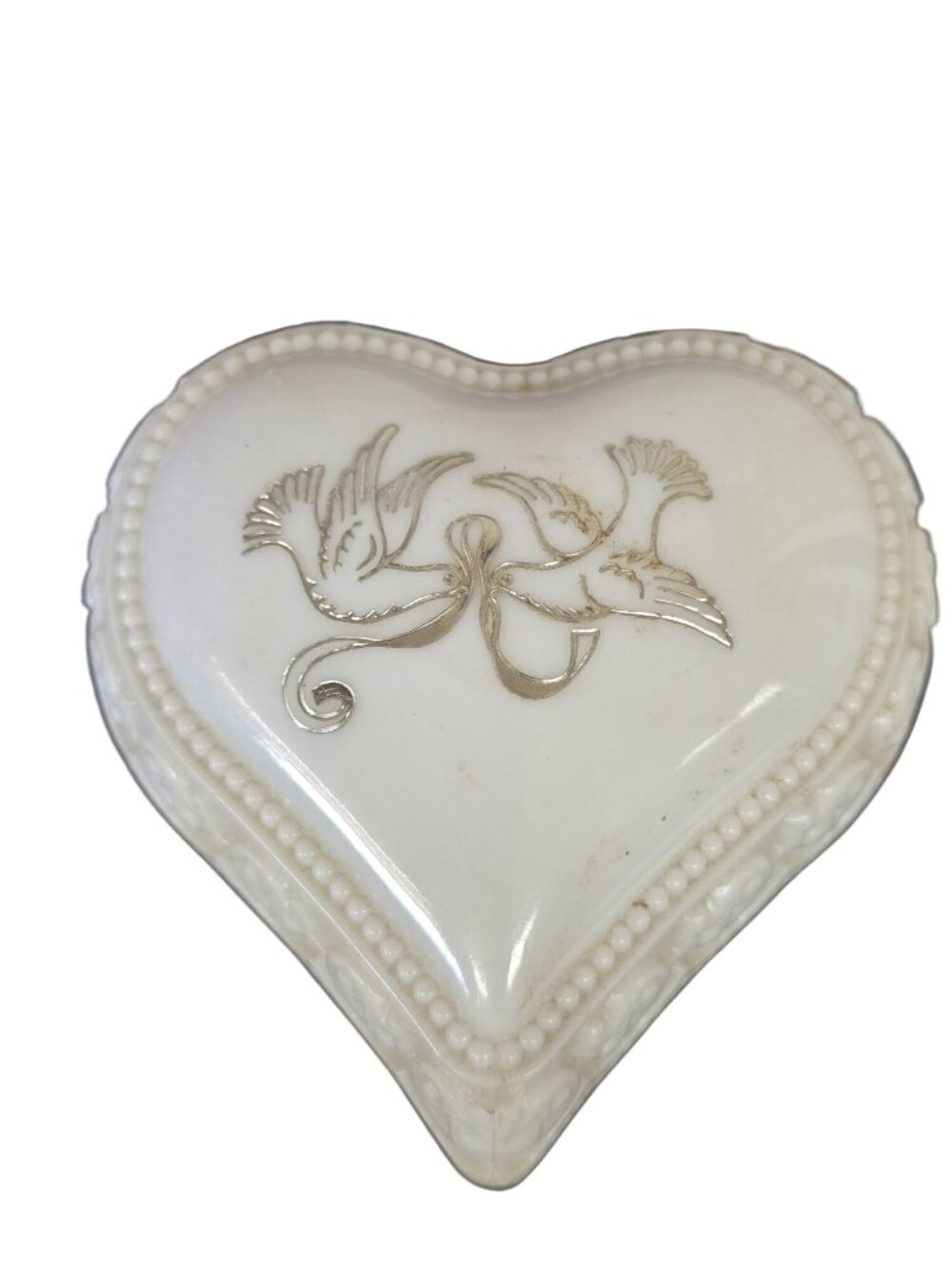 Avon Heart-Shaped Cream Sachet Bottle Dove Design White Porcelain Vintage 1980s